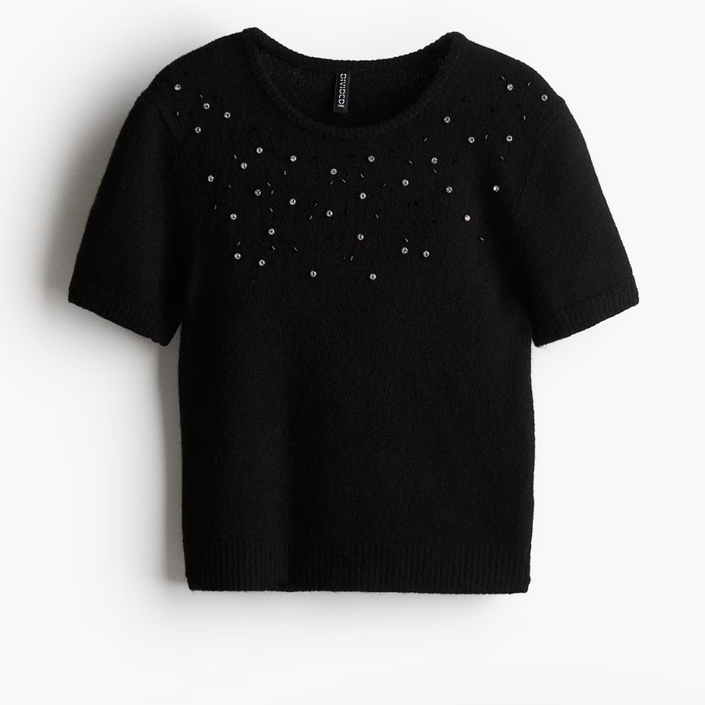 Black Embellished Fine-Knit Top